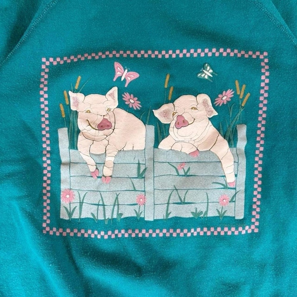 Vintage 90s pig farm blue sweatshirt Men's Size Medium - Picture 2 of 7